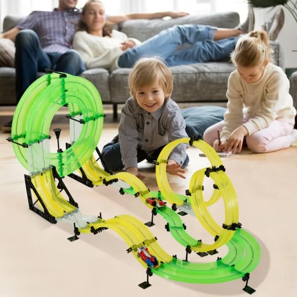 Circuit de Voiture 86m Jouet de Piste de Course pour Enfants Plus de 6 Ans 2 Voitures Incluses en Abs+PP Vert+Jaune