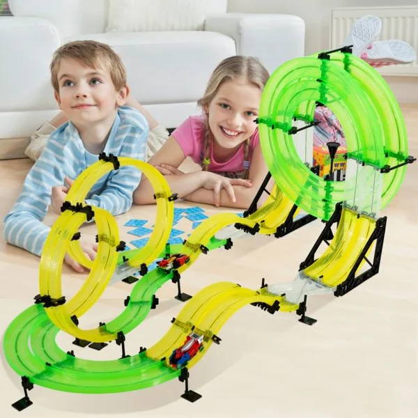 Circuit de Voiture 86m Jouet de Piste de Course pour Enfants Plus de 6 Ans 2 Voitures Incluses en Abs+PP Vert+Jaune