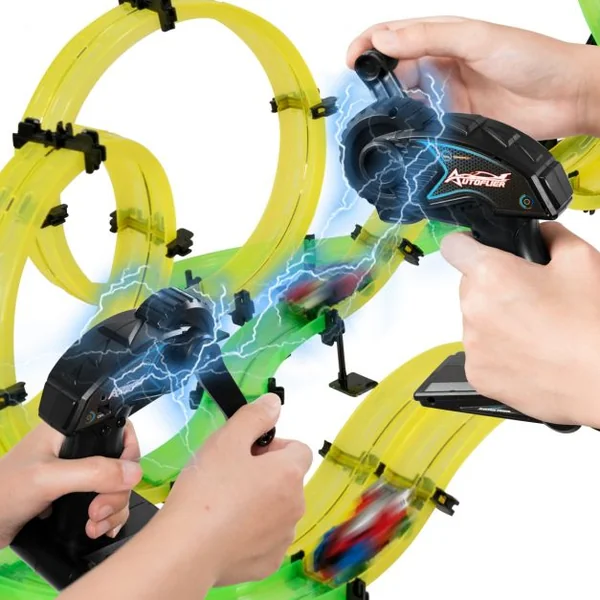 Circuit de Voiture 86m Jouet de Piste de Course pour Enfants Plus de 6 Ans 2 Voitures Incluses en Abs+PP Vert+Jaune