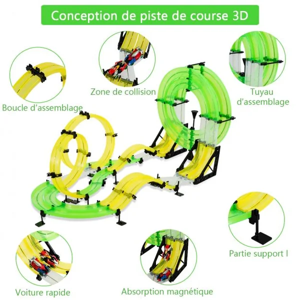 Circuit de Voiture 86m Jouet de Piste de Course pour Enfants Plus de 6 Ans 2 Voitures Incluses en Abs+PP Vert+Jaune