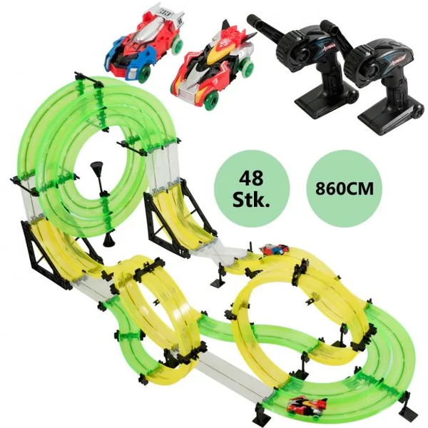 Circuit de Voiture 86m Jouet de Piste de Course pour Enfants Plus de 6 Ans 2 Voitures Incluses en Abs+PP Vert+Jaune