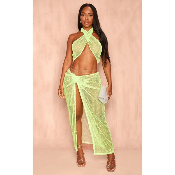 Citron Vert Jupe Midaxi Shape À Sequins Texturés Avec Nœud Sur Le Côté