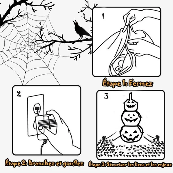 Citrouille Gonflable d'Halloween e 180CM en 3 Empilées avec Ventilateur et Ampoules LED Internes Tissu en Polyester