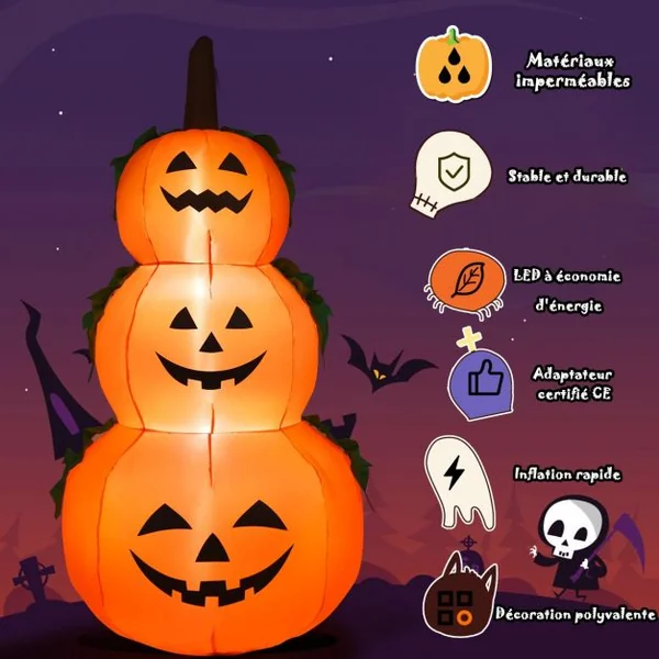 Citrouille Gonflable d'Halloween e 180CM en 3 Empilées avec Ventilateur et Ampoules LED Internes Tissu en Polyester