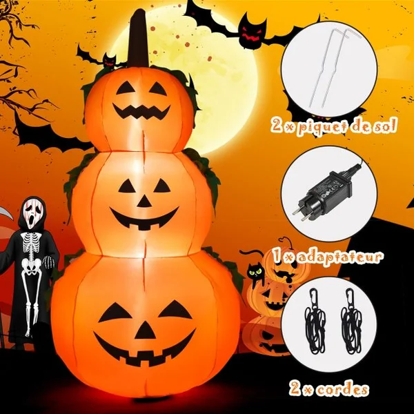 Citrouille Gonflable d'Halloween e 180CM en 3 Empilées avec Ventilateur et Ampoules LED Internes Tissu en Polyester