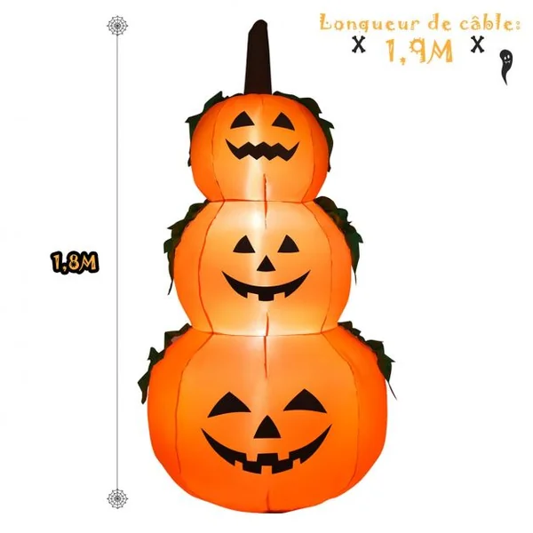 Citrouille Gonflable d'Halloween e 180CM en 3 Empilées avec Ventilateur et Ampoules LED Internes Tissu en Polyester