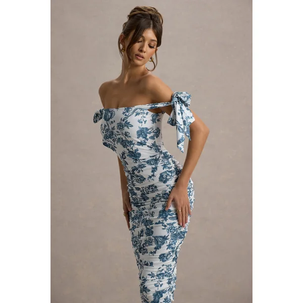 Citrus | Robe Mi-Longue Bleue à Imprimé Porcelaine Décolleté Bardot et Bretelles à Nœuds