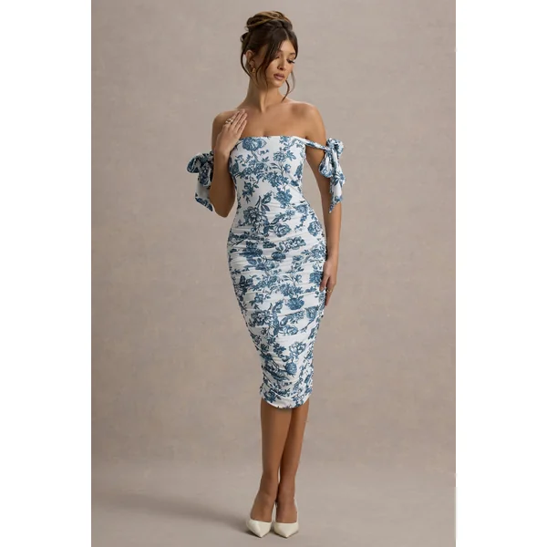 Citrus | Robe Mi-Longue Bleue à Imprimé Porcelaine Décolleté Bardot et Bretelles à Nœuds