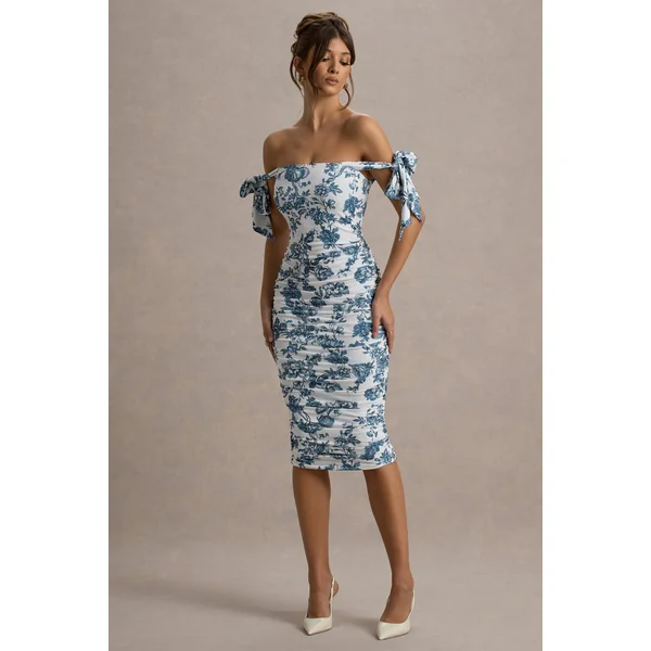 Citrus | Robe Mi-Longue Bleue à Imprimé Porcelaine Décolleté Bardot et Bretelles à Nœuds