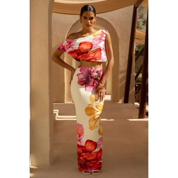 Clara | Jupe longue à grand imprimé floral placé multicolore