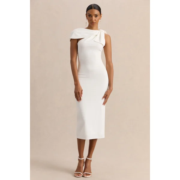 Clarina | Robe mi-longue blanche à encolure asymétrique avec détail de nœud