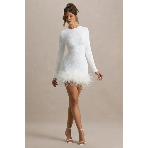 Claudia | Mini-robe blanche à sequins avec encolure ronde ourlet en plumes et manches longues