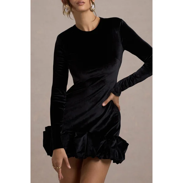 Claudine | Mini-robe en velours noir à manches longues et fronces