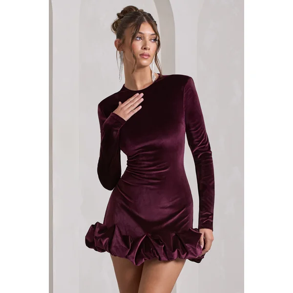 Claudine | Mini-robe en velours violet à manches longues et fronces