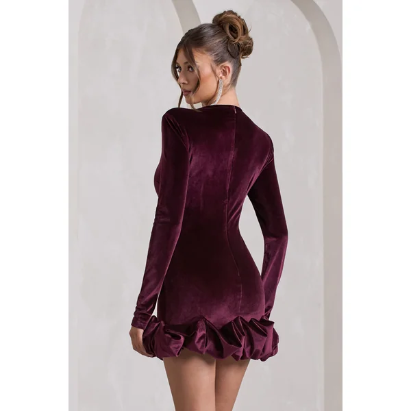 Claudine | Mini-robe en velours violet à manches longues et fronces