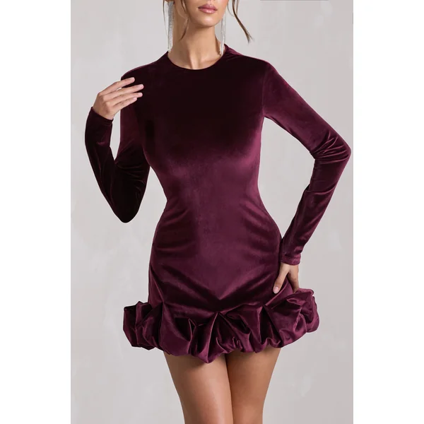 Claudine | Mini-robe en velours violet à manches longues et fronces