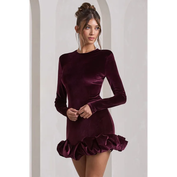 Claudine | Mini-robe en velours violet à manches longues et fronces