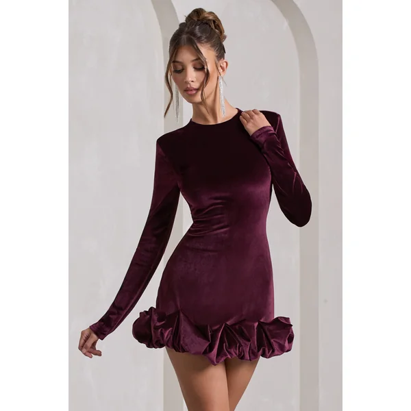 Claudine | Mini-robe en velours violet à manches longues et fronces