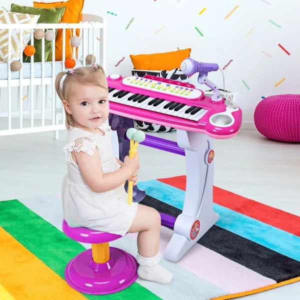 Clavier de Piano Electronique à 37 Touches pour Enfants avec Tabouret et Microphone Rose