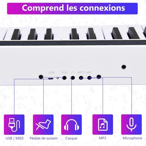 Clavier de Piano pour Enfants 61 Touches Portable Bluetooth Microphone Interface MIDI/USB 128 Rythmes et 20 Démos