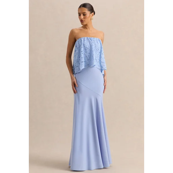 Clemency | Robe longue bandeau bleu poudré en dentelle et satin