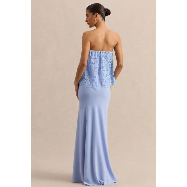 Clemency | Robe longue bandeau bleu poudré en dentelle et satin