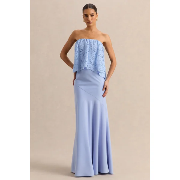 Clemency | Robe longue bandeau bleu poudré en dentelle et satin