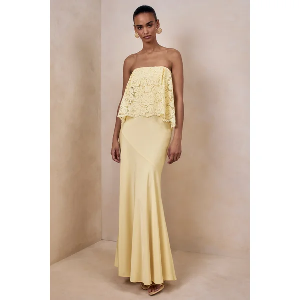 Clemency | Robe longue bandeau en dentelle et satin mat citron