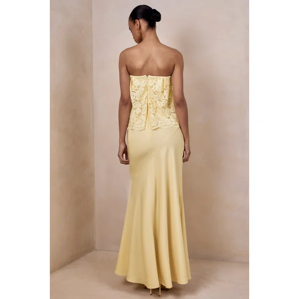 Clemency | Robe longue bandeau en dentelle et satin mat citron