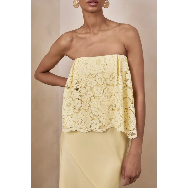 Clemency | Robe longue bandeau en dentelle et satin mat citron