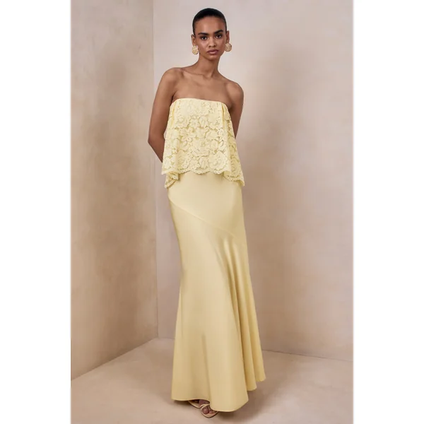 Clemency | Robe longue bandeau en dentelle et satin mat citron