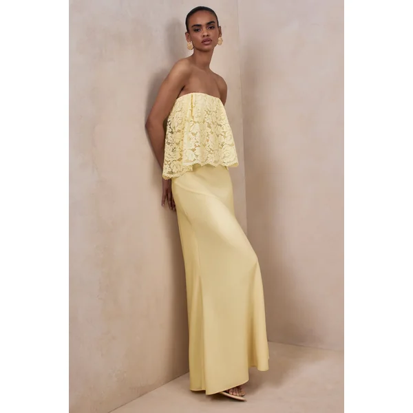 Clemency | Robe longue bandeau en dentelle et satin mat citron