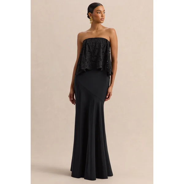 Clemency | Robe longue bandeau noire en dentelle et satin