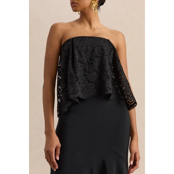 Clemency | Robe longue bandeau noire en dentelle et satin