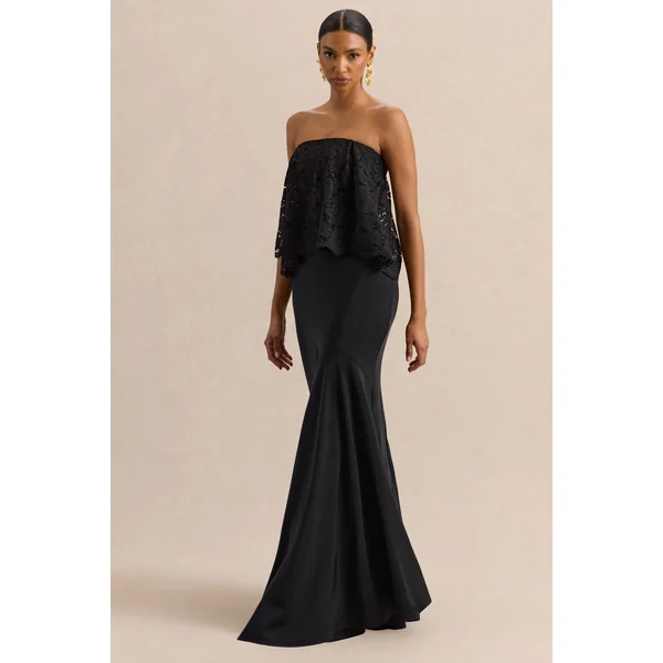 Clemency | Robe longue bandeau noire en dentelle et satin