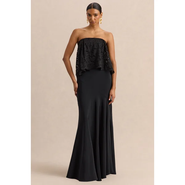 Clemency | Robe longue bandeau noire en dentelle et satin