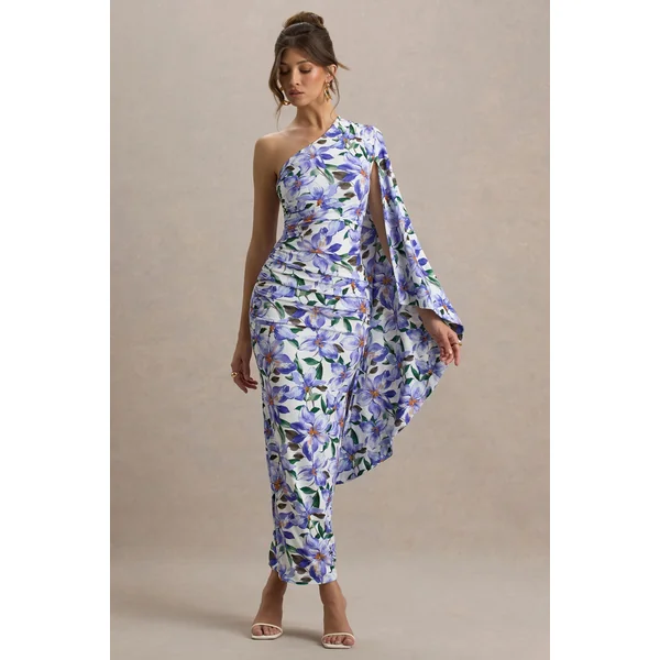 Clementina | Robe longue asymétrique à imprimé floral violet avec manches en cape