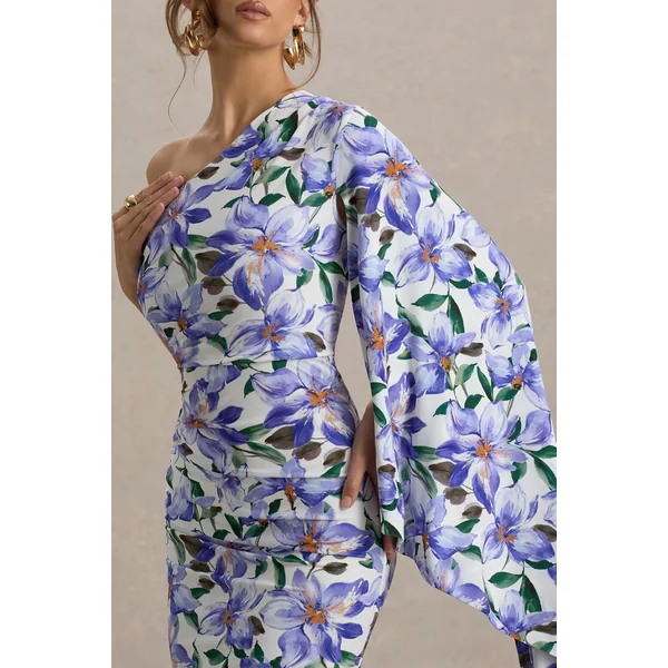 Clementina | Robe longue asymétrique à imprimé floral violet avec manches en cape