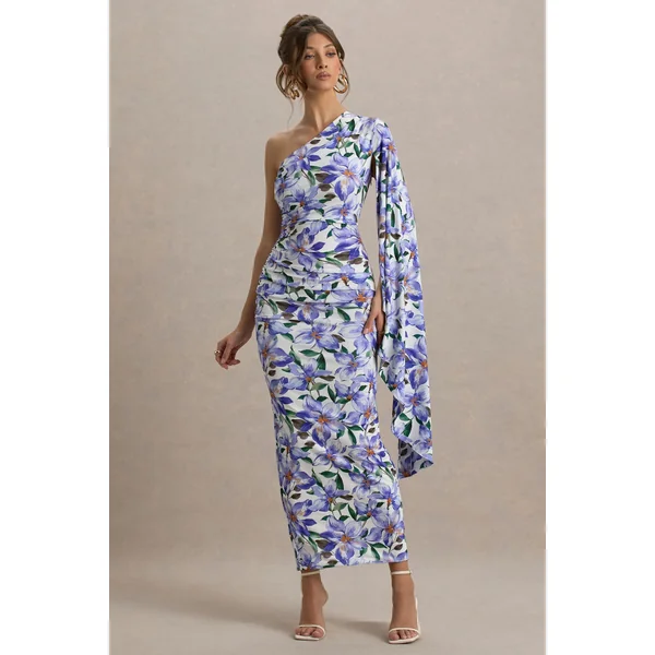 Clementina | Robe longue asymétrique à imprimé floral violet avec manches en cape