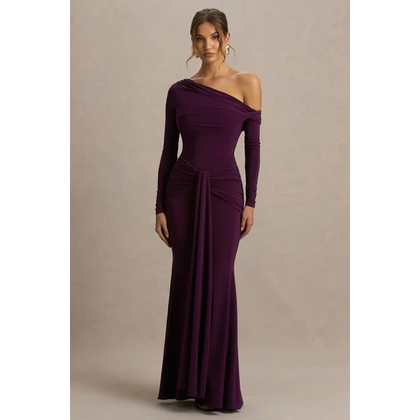 Clover | Robe longue bordeaux à encolure asymétrique avec drapé et nœud