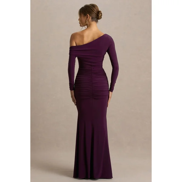 Clover | Robe longue bordeaux à encolure asymétrique avec drapé et nœud