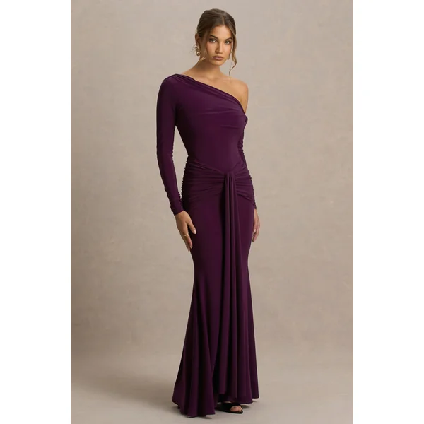 Clover | Robe longue bordeaux à encolure asymétrique avec drapé et nœud