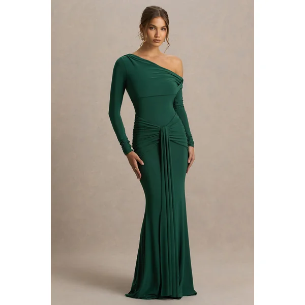 Clover | Robe longue vert foncé à encolure asymétrique avec ceinture