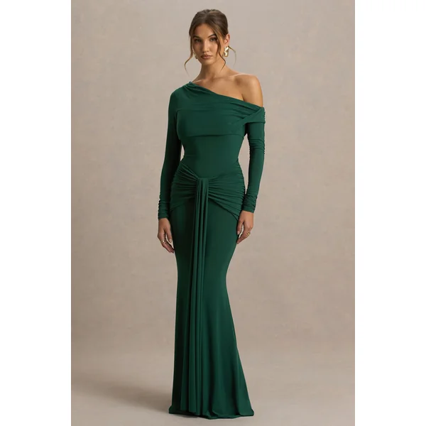 Clover | Robe longue vert foncé à encolure asymétrique avec ceinture