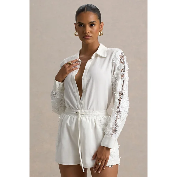 Coconut | Chemise boutonnée écru avec détails en dentelle