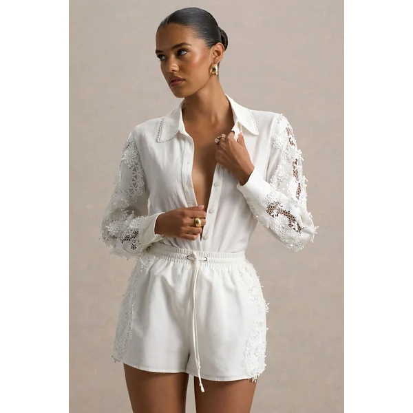 Coconut | Chemise boutonnée écru avec détails en dentelle
