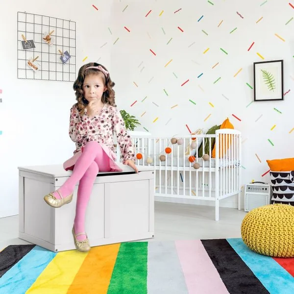 Coffre à Jouets pour Enfant Coffre de Rangement à Couvercle Rabattable en Bois + Peinture Ecologique 72x41x43cm Blanc