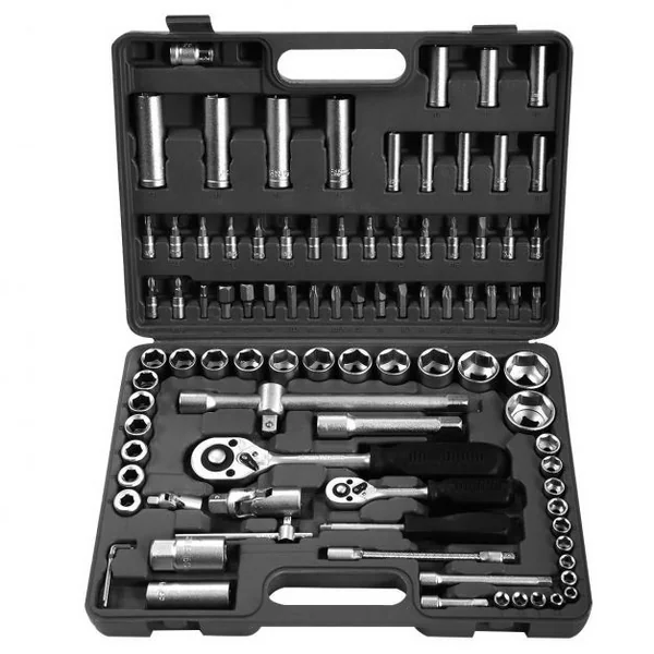 Coffret de 94 Pièces de Clés à Douilles Clé à Cliquet et Embouts 1/4" + 1/2" en Acier au Carbone, 40x19x5cm, Noir