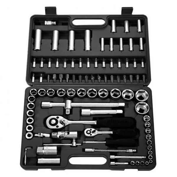 Coffret de 94 Pièces de Clés à Douilles Clé à Cliquet et Embouts 1/4" + 1/2" en Acier au Carbone, 40x19x5cm, Noir