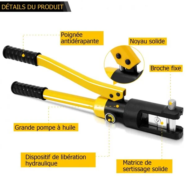 Coffret de Pince à Sertir Hydraulique Outil de Sertissage Professionnelle 16 T Rotation 180°11 Têtes Sertissage 22mm
